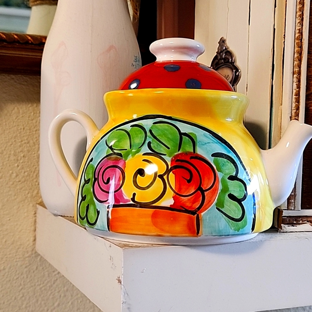 hand painted Italy ceramic teapot cat with flowers colorful